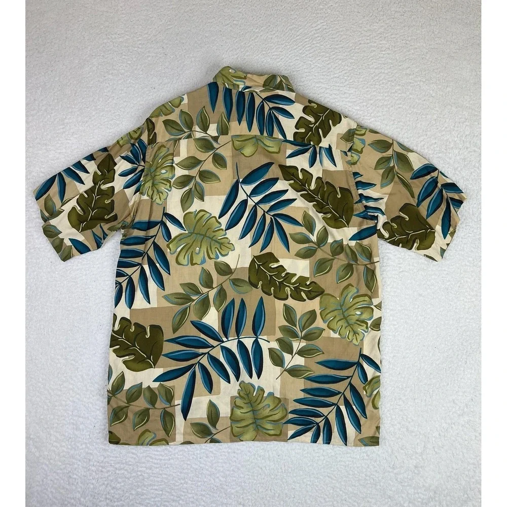 Reyn Spooner Shirt Mens Small Beige Leaf Print Rayon Hawaiian‎ Button Up USA